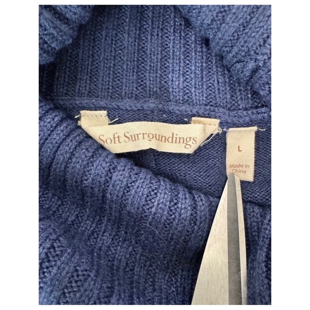Soft Surroundings Blue Ribbed Cowl Neck‎ Tunic Sweater Knit Top Women's Size L